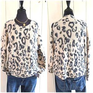 525 America Emma Shaker Knit Leopard Cotton Pullover Sweater Size L